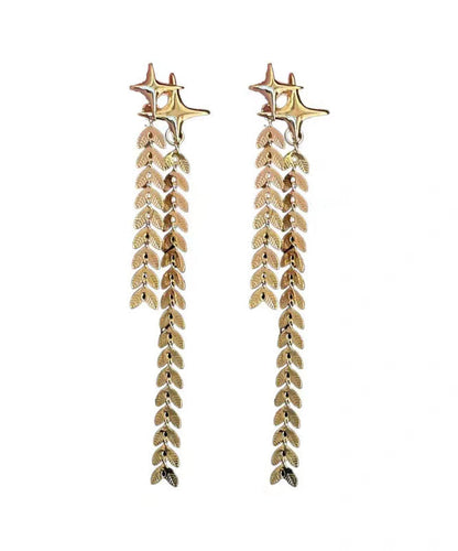 Diy Gold Copper Four Pointed Star Wheat Ears Tassel Drop Earrings