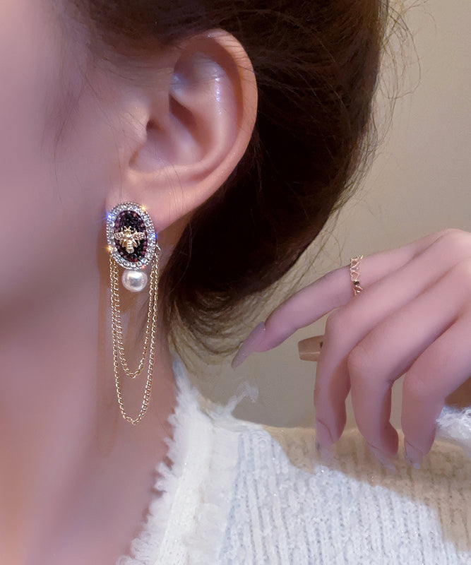 Gold Alloy Pearl Crystal Zircon Tassel Drop Earrings
