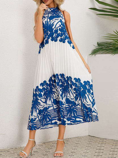 A-line Loose Hollow Pleated Printed Tied Mock Neck Midi Dresses