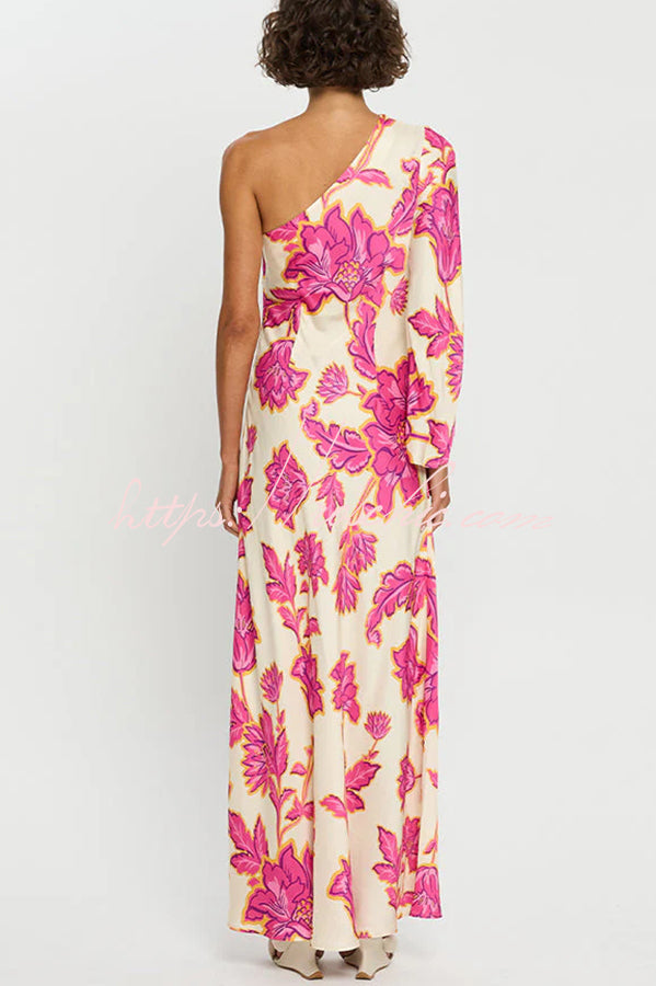 Rhia Satin Print One Shoulder Flared Maxi Dress