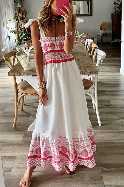 Malibu Villa Printed Smocked Shoulder Tie Maxi Dress