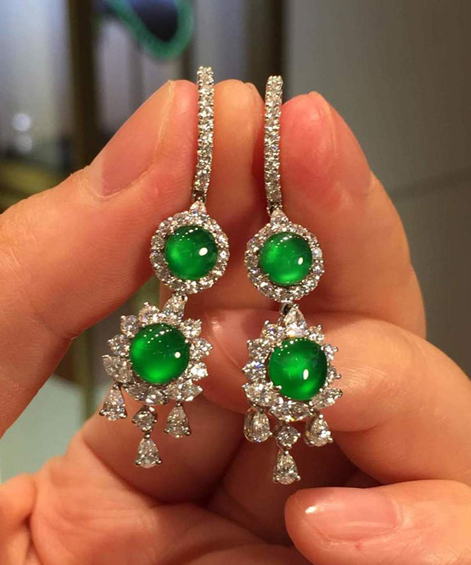 Sterling Silver Inlaid Zircon Jade Tassel Drop Earrings