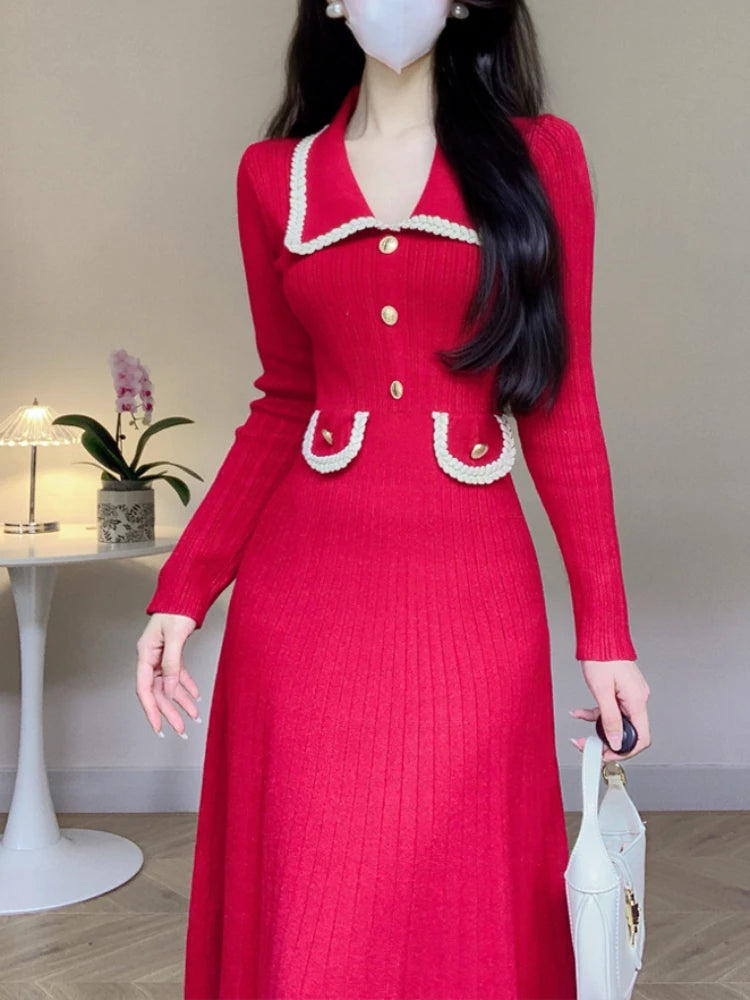 New French Knitted Dress Autumn Winter Slim A-line Lapel Knitted Dresses Long Sleeve Midi Dress