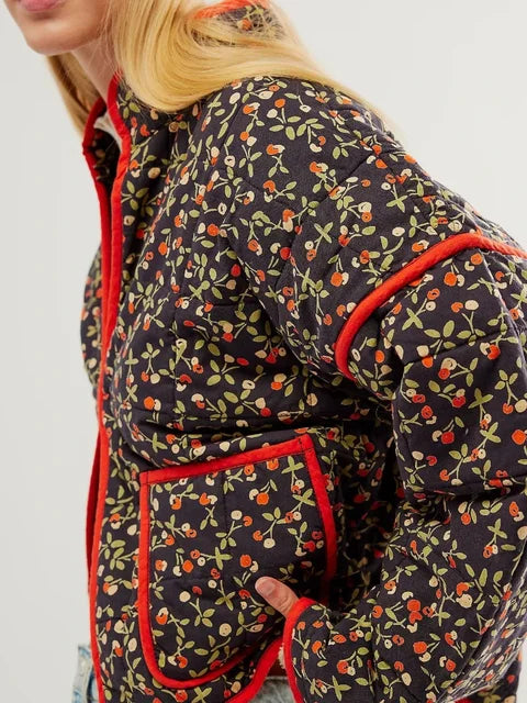 Flower Print Jackets for Pocket Slim Coat Clothes Street Autumn Cardigan Female New Outerwear