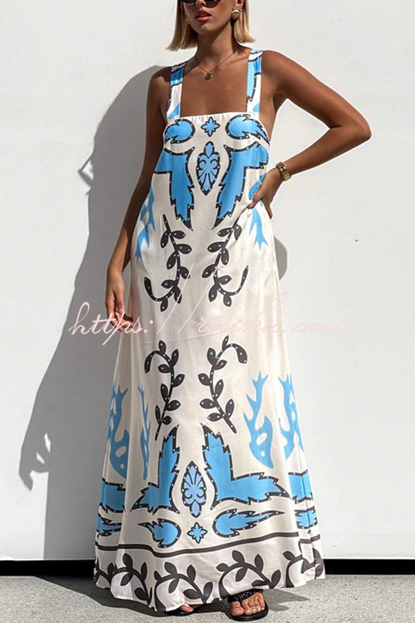 Unique Print Square Neck Open Back Lace-up Loose Maxi Dress
