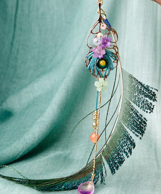 Blue Peacock Feather Crystal Pearl Tassel Drop Earrings