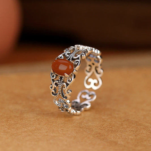 Buddha Stones 925 Sterling Silver Red Agate Self-acceptance Calm Ring
