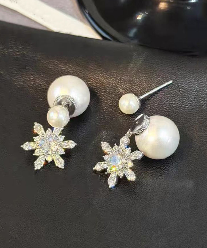 White Copper Zircon Pearl Butterfly Stud Earrings
