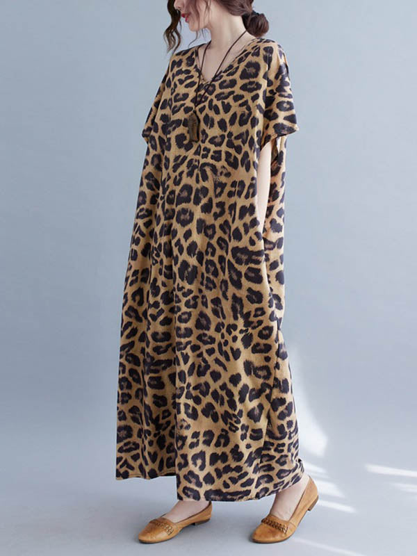 Loose Leopard V-neck Batwing Sleeves Maxi Dress