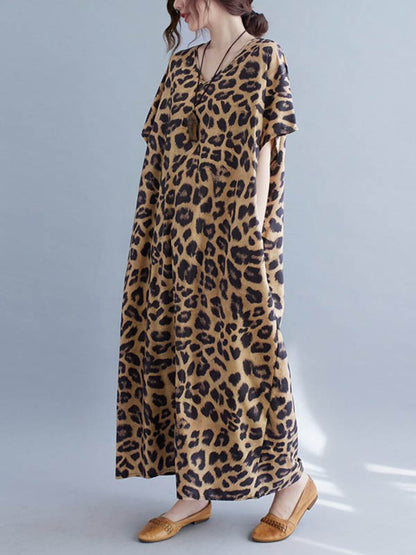 Loose Leopard V-neck Batwing Sleeves Maxi Dress