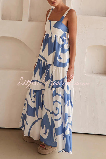 Style Geometric Print Back Smocked Loose Maxi Dress