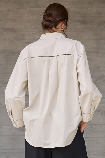 White High-density Cotton Long-sleeve Collared Blouse