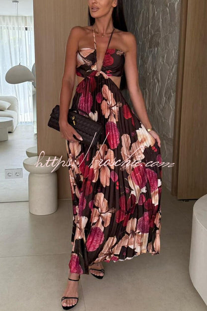 Casey Satin Print Cutout Halter Back Tie-up Pleated Maxi Dress