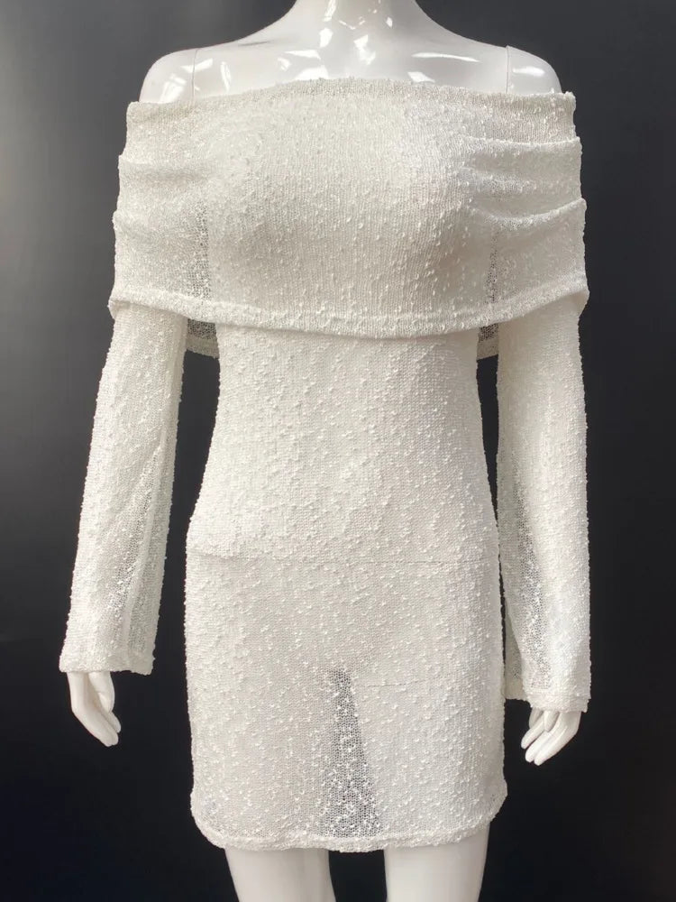 Off-shoulder Long Sleeve Mini Dress for Robe Hollow Out Knit Dress Female Strapless Beach Holiday Dresses