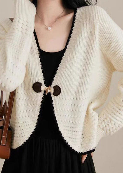 Beige V Neck Woolen Knit Cardigan Fall Qc049