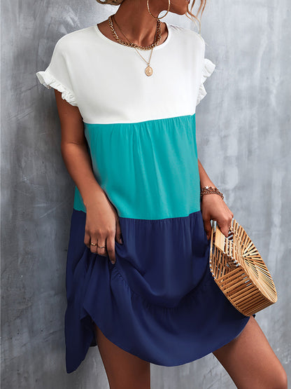 Loose Ruffle Sleeves Contrast Color Falbala Pleated Split-joint Round-neck Mini Dresses