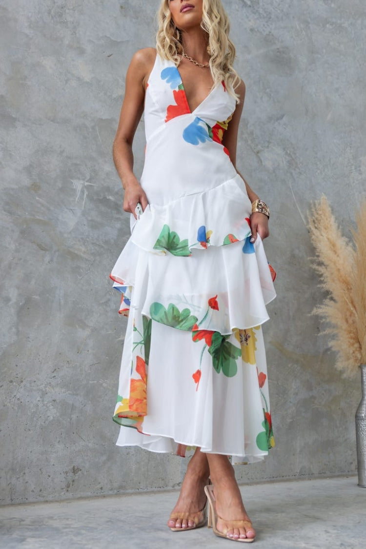 Refreshing Print Back Lace-up Multi-teir Ruffle Hem Maxi Dress