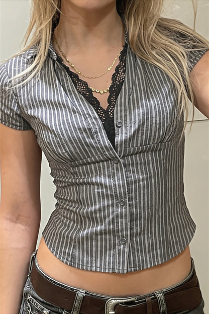 Slim Lace Striped V Neck Blouse