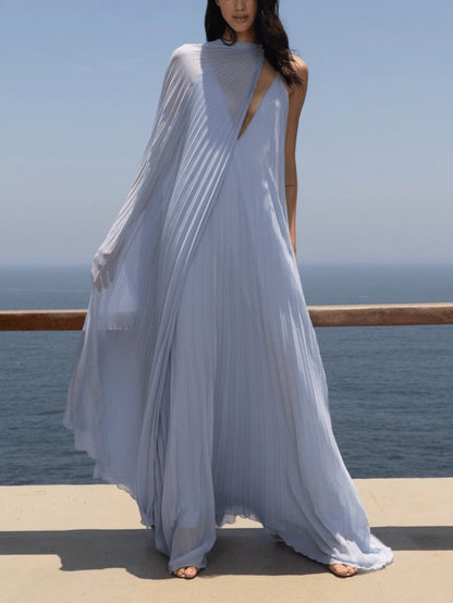 V-neck Pleated Flowy Maxi Dress