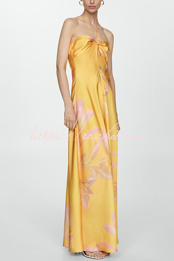 Catalina Island Satin Print Twist Bust Halter Maxi Dress
