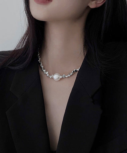 Fine Silk Stainless Steel Broken Silver Pearl Patchwork Pendant Necklace