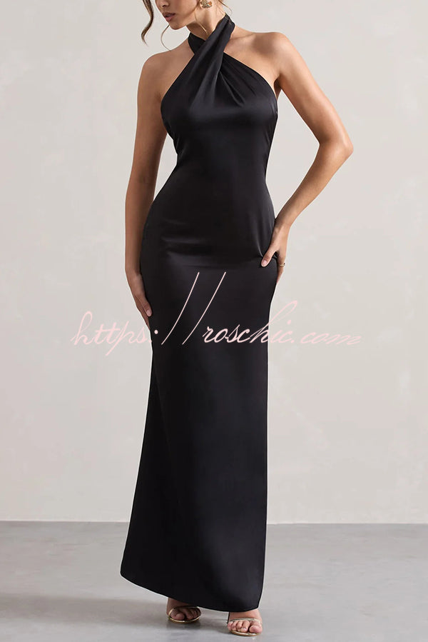 Color Halter Neck Tie Backless Slim Maxi Dress