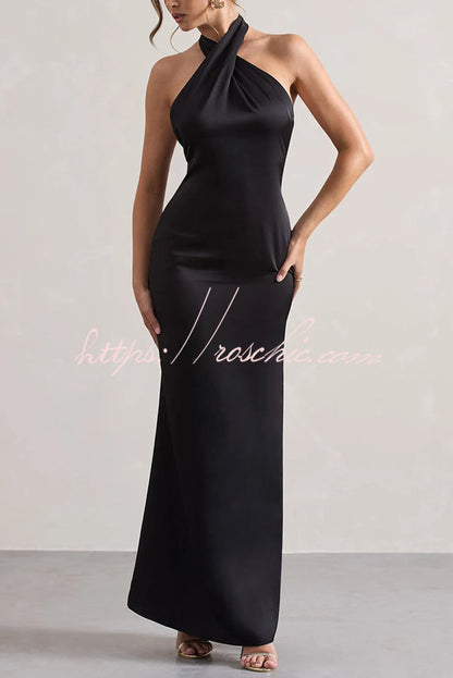 Color Halter Neck Tie Backless Slim Maxi Dress