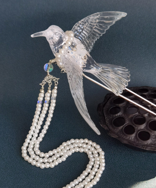 White Alloy Pearl Resin Magpie Tassel Hairpin