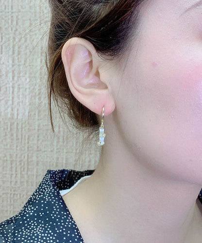Gold Sterling Silver Cat's Eye Stone Bamboo Knot Drop Earrings