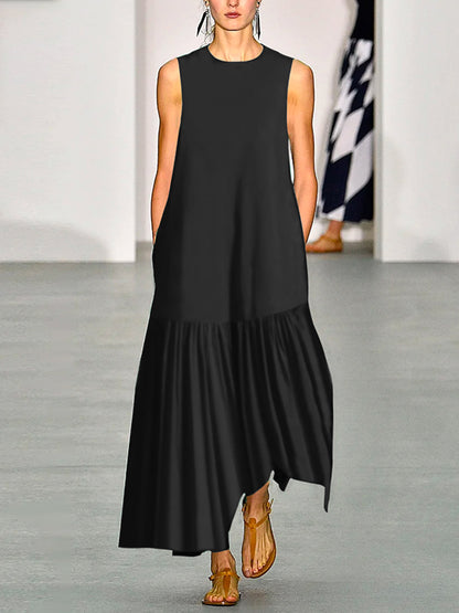 A-line Loose Color Split-joint Round-neck Maxi Dresses