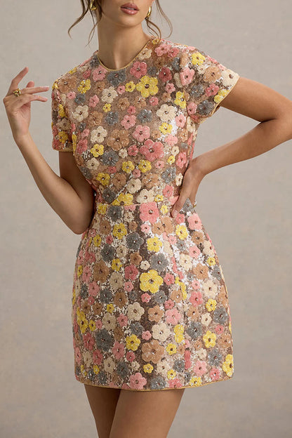 80's Inspired Print Sequin Short Sleeve Stretch Mini Dress