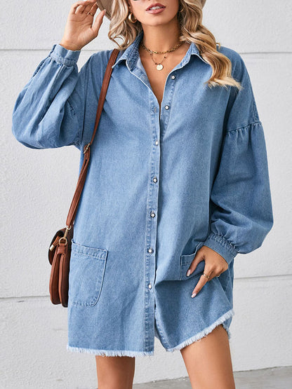 Long Sleeves Loose Buttoned Fringed Pleated Pockets Split-joint Lapel Mini Dresses