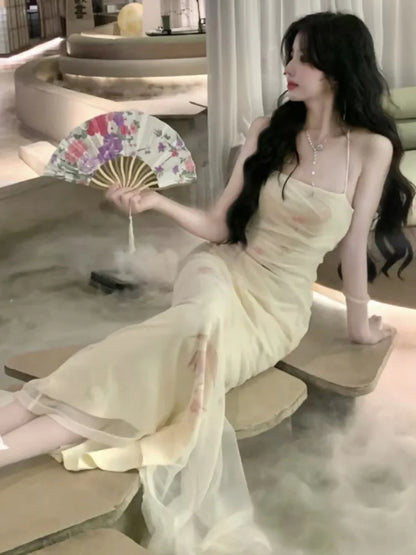 Bodycon Printed Mesh Long Dresses for Backless Summer New Korean Evening Party Female Vestidos