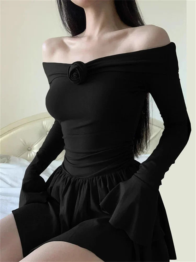 Splice Flower Bodycon Mini Dress for Ruffled Folds High Waist Dresses Femme Off Shoulders Slim Dress Woman