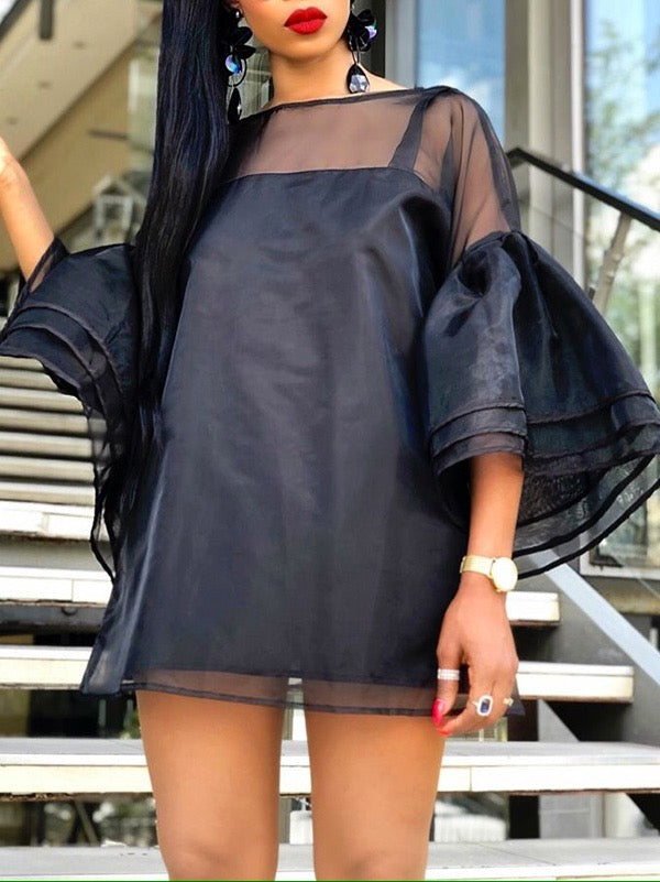 Long Sleeves Loose Falbala See-through Color Split-joint Round-neck Mini Dresses