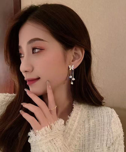 Gold Copper Overgild Zircon Butterfly Tassel Drop Earrings