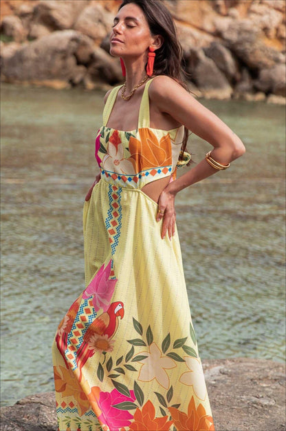 Print Cutout Tie Maxi Dress