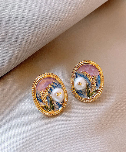 Gold Copper Alloy Pearl Enamel Stud Earrings