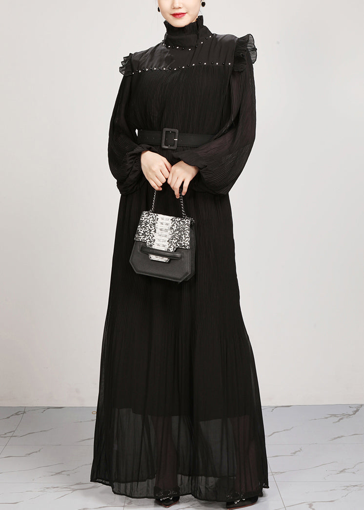 French Black Ruffled Chiffon Maxi Dresses Fall Ar1038