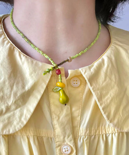 Grass Green Beads Leaf Pear Pendant Necklace