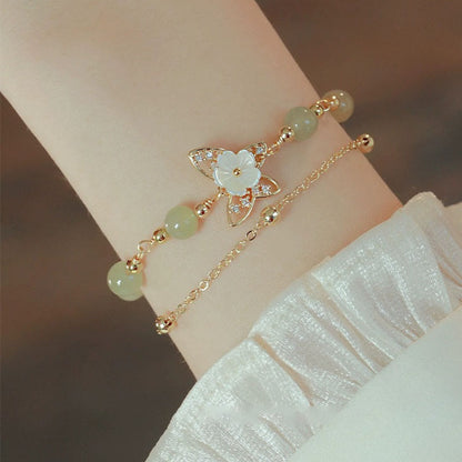Buddha Stones 14k Gold Plated Jade Butterfly Tridacna Stone Flower Double Layer Luck Bracelet