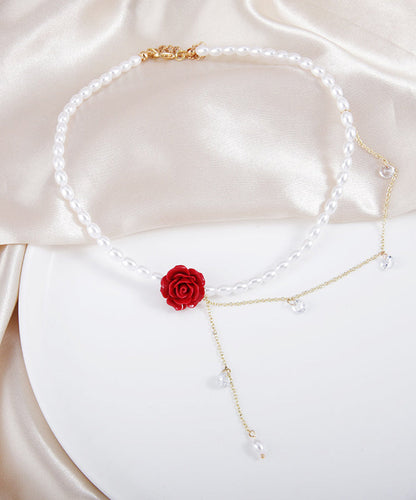 Style Red Sterling Silver Overgild Pearl Rose Pendant Necklace