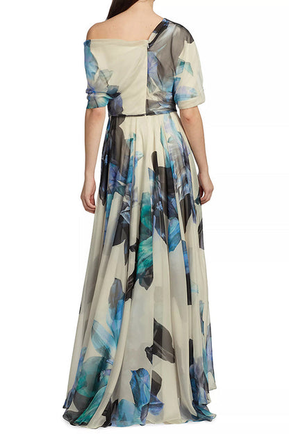 Unique Printed Short-sleeved One-shoulder Maxi Dress