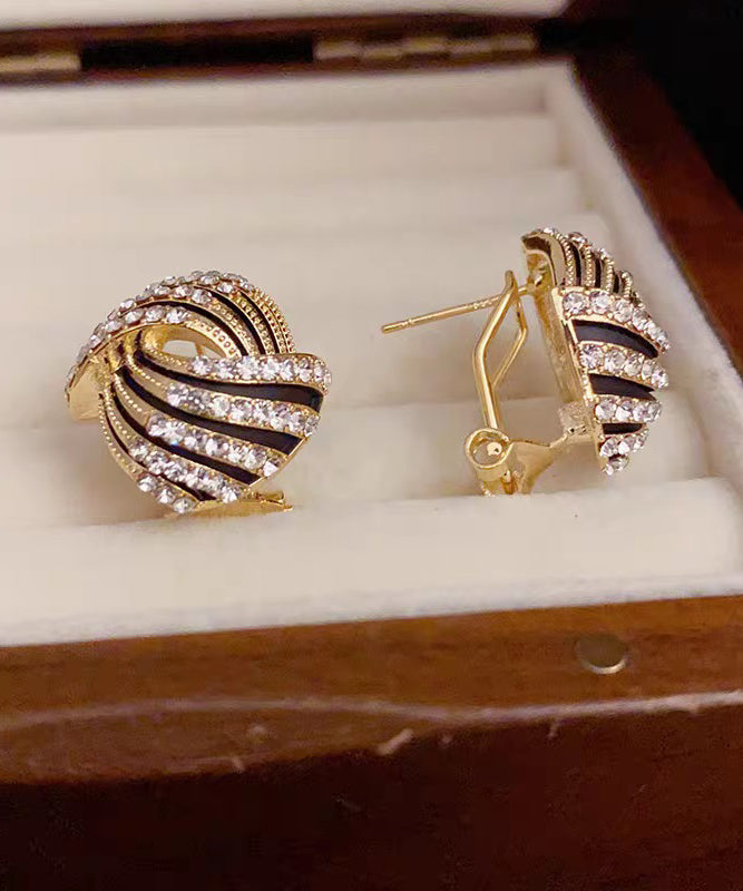 Vogue Gold 14k Gold Zircon Striped Hollow Out Hoop Earrings