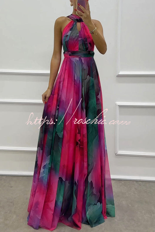 Elaine Tulle Splash Print Cutout Halter Tie-up Neck Gown Maxi Dress