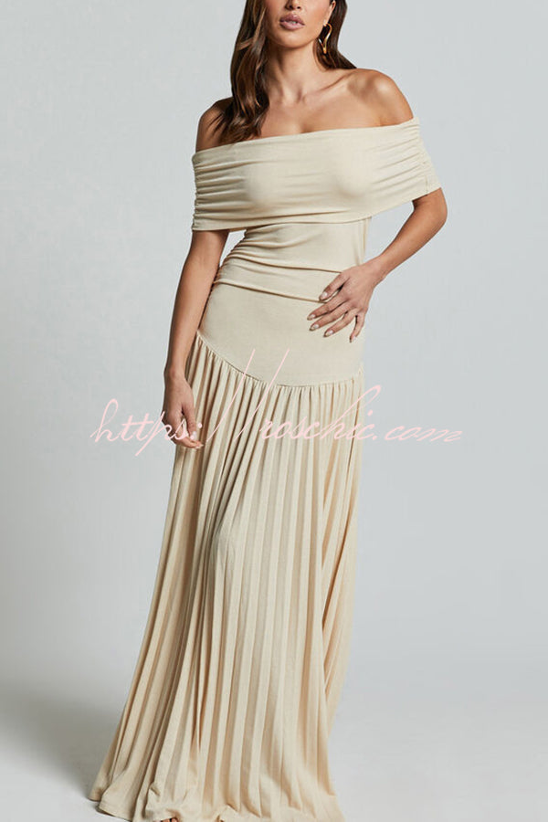 Off-shoulder Slim Fit Pleated Maxi Dress