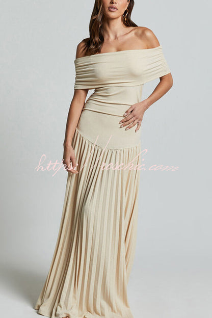 Off-shoulder Slim Fit Pleated Maxi Dress