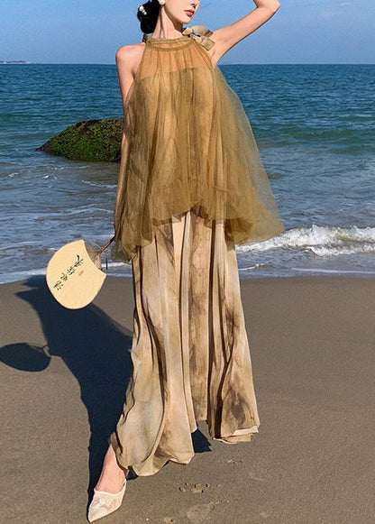 Holiday Style Tie Dyed Mesh Patchwork Fake Two Chiffon Long Dresses Tt1029