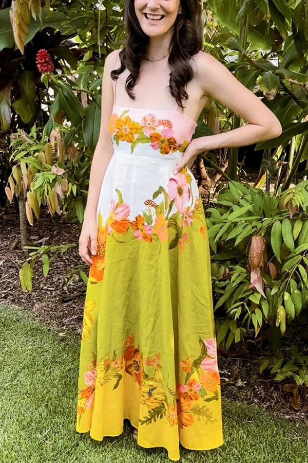 Linen Blend Contrast Print Back Smocked Pocket Maxi Dress