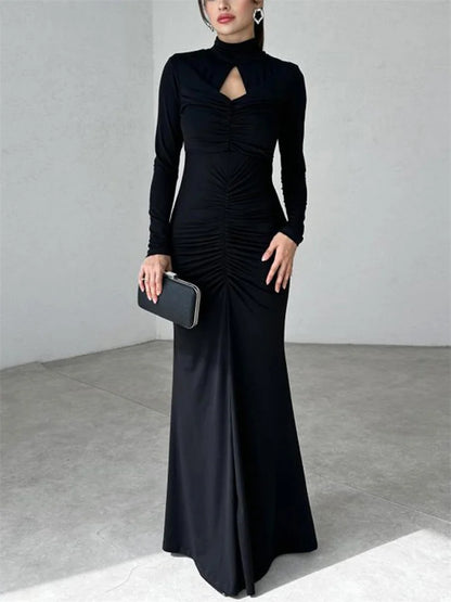 Autumn Pleated Hollow Out Maxi Dress ’s Slim High Waist Backless Party Dress Female Long Dress